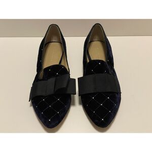 Ann Taylor Pointed Toe Quilted Velvet Flat Dark Blue Bow Rhinestones Size 5.5